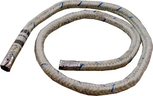Kabelummantelung in Weiß mit blauen Markierungen, geeignet für Anwendungen von Wolf, dargestellt als aufgerolltes Produkt mit einer Endverarbeitung aus Metall.